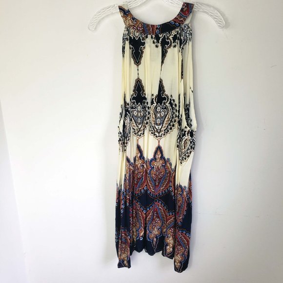 Women's Ivory Blue Indian Paisley Sleeveless Tie Neck Knee Length Sheath Dress - Picture 7 of 10